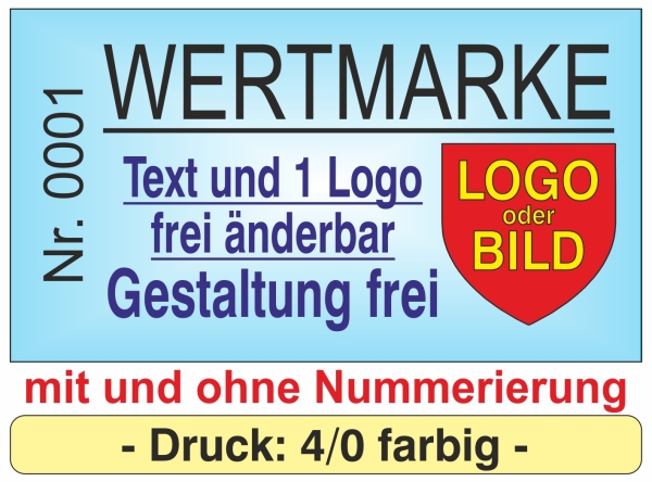 1000 Wertmarken 4/0 "einseitig farbiger Druck" - mit Text + Logo [[- inkl. Gestaltungsservice -]]